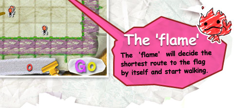 The 'flame' / The 'flame' will decide the shortest route to the flag by itself and start walking.