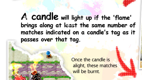 A candle will light up if the 'flame' brings along at least the same number of matches indicated on a candle's tag as it passes over that tag. Once the candle is alight, these matches will be burnt.