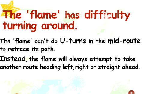 The 'flame' has difficulty turning around. The 'flame' can't do U-turns in the mid-route to retrace its path.Instead, the flame will always attempt to take another route heading left, right or straight ahead.