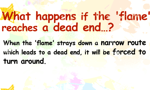 What happens if the 'flame' reaches a dead end…?When the 'flame' strays down a narrow route which leads to a dead end, it will be forced to turn around.