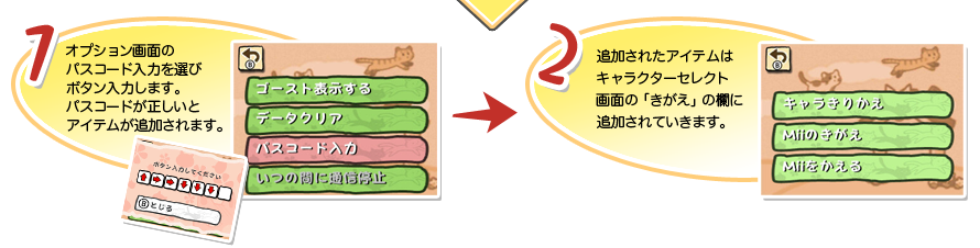 1.オプション画面のパスコード入力を選びボタン入力します。パスコードが正しいとアイテムが追加されます。 2.追加されたアイテムはキャラクターセレクト画面の「きがえ」の欄に追加されていきます。