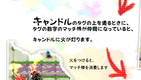 キャンドルのタグの上を通るときに、タグの数字のマッチ棒が仲間になっていると、キャンドルに火が灯ります。火をつけると、マッチ棒を消費します。