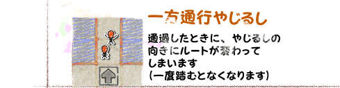 一方通行やじるし　通過したときに、やじるしの向きにルートが変わってしまいます（一度踏むとなくなります）