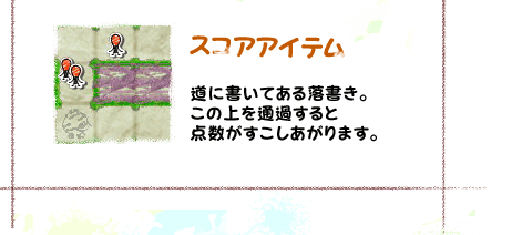 スコアアイテム　道に書いてある落書き。この上を通過すると点数がすこしあがります。